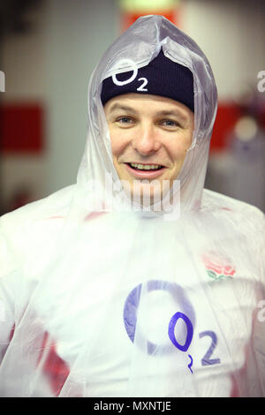 Austin Healey (51 England caps) in an O2 pancho rain cover in the players tunnel at Twickenham Stadium. London Stock Photo