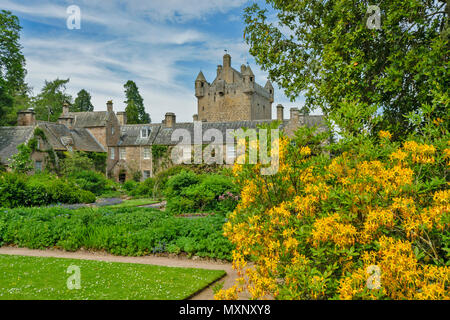 CAWDOR CASTLE NAIRN SCOTLAND GARDEN THE BUILDING AND TOWER WITH YELLOW AZALEA FLOWERS Stock Photo