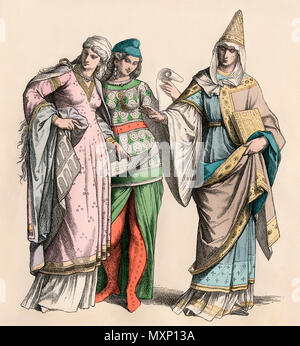 Women and a noblewoman of Normandy, 12th century. Hand-colored print Stock Photo