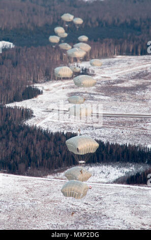 Paratroopers with  4th Infantry Brigade Combat Team (Airborne), 25th Infantry Division jump out of a CH-47 Chinook helicopter on to Malamute Drop Zone at Joint Base Elmendorf-Richardson, Alaska Nov. 17, 2016. The food drive Nov. 16, 2016 was the key feature of Operation Harvest Drop, which rewarded paratroopers who donated food items with the privilege of jumping ‘Hollywood’, meaning without any attached combat gear, during the next day’s airborne operation at Malemute Drop Zone on JBER. (U.S. Army photo by Spc. Donald Williams) Stock Photo