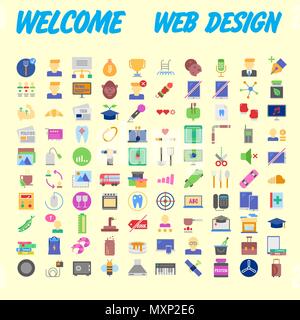 Simple set of vector flat line icons. Contains such Icons as Business, Marketing Shopping Banking E-commerce SEO Technology Medical Education Web Deve Stock Vector