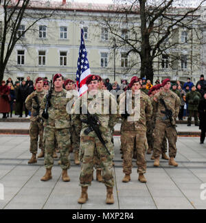 VILNIUS, Lithuania –Paratroopers from Able Company, 2nd Battalion, 503rd Infantry Regiment, 173rd Infantry Brigade Combat (Airborne), take part in the Lithuanian Armed Forces Day Parade Nov. 23. The parade celebrated the 98th birthday of the Lithuanian Armed Forces. Lithuania gained its independence on Feb. 16, 1918. On Nov. 23, 1918, less than two weeks after the end of World War I, newly-elected Lithuanian Prime Minister, Augustinas Voldemaras, signed Order No. 1, which formed the armed forces of the newly-independent nation. Stock Photo