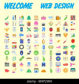 Set of 100 Universal and Standard Icons on Flat Colored with on orange Background. Vector illustration Stock Vector