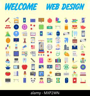 Set of 100 Universal and Standard Icons on Flat Colored with on orange Background. Vector illustration Stock Vector
