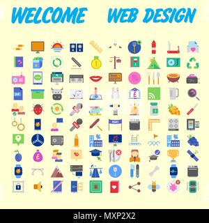 Set of 100 Universal and Standard Icons on Flat Colored with on orange Background. Vector illustration Stock Vector