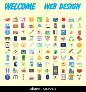 Set of 100 Universal and Standard Icons on Flat Colored with on orange Background. Vector illustration Stock Vector