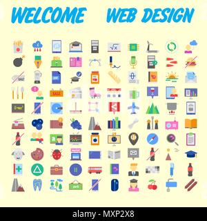 Set of 100 Universal and Standard Icons on Flat Colored with on orange Background. Vector illustration Stock Vector