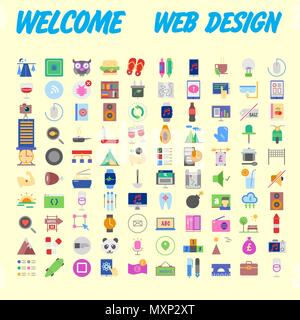 Set of 100 Universal and Standard Icons on Flat Colored with on orange Background. Vector illustration Stock Vector