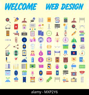 Set of 100 Universal and Standard Icons on Flat Colored with on orange Background. Vector illustration Stock Vector