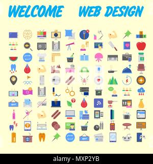 Set of 100 Universal and Standard Icons on Flat Colored with on orange Background. Vector illustration Stock Vector