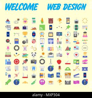 Set of 100 Universal and Standard Icons on Flat Colored with on orange Background. Vector illustration Stock Vector