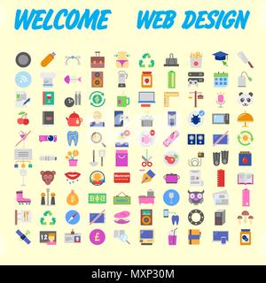 Set of 100 Universal and Standard Icons on Flat Colored with on orange Background. Vector illustration Stock Vector