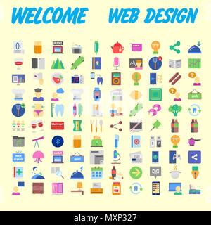 Set of 100 Universal and Standard Icons on Flat Colored with on orange Background. Vector illustration Stock Vector