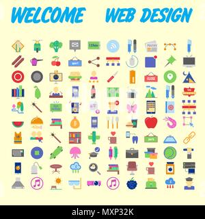 Set of 100 Universal and Standard Icons on Flat Colored with on orange Background. Vector illustration Stock Vector