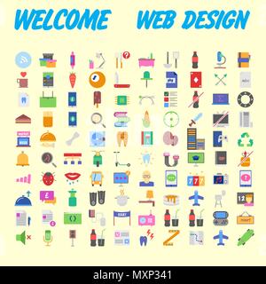 Set of 100 Universal and Standard Icons on Flat Colored with on orange Background. Vector illustration Stock Vector