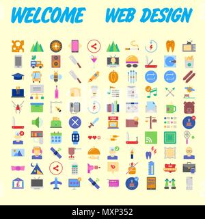Set of 100 Universal and Standard Icons on Flat Colored with on orange Background. Vector illustration Stock Vector