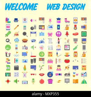 Set of 100 Universal and Standard Icons on Flat Colored with on orange Background. Vector illustration Stock Vector