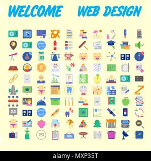 Set of 100 Universal and Standard Icons on Flat Colored with on orange Background. Vector illustration Stock Vector