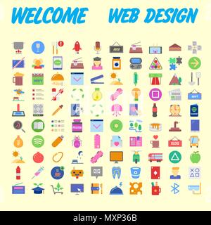 Set of 100 Universal and Standard Icons on Flat Colored with on orange Background. Vector illustration Stock Vector