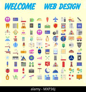 Set of 100 Universal and Standard Icons on Flat Colored with on orange Background. Vector illustration Stock Vector