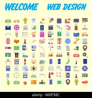 Set of 100 Universal and Standard Icons on Flat Colored with on orange Background. Vector illustration Stock Vector