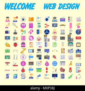 Set of 100 Universal and Standard Icons on Flat Colored with on orange Background. Vector illustration Stock Vector