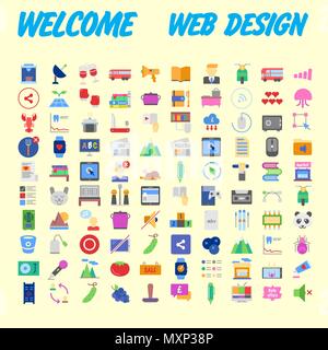 Set of 100 Universal and Standard Icons on Flat Colored with on orange Background. Vector illustration Stock Vector