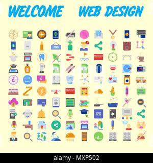 Flat seo optimization, business startup and essential, advertising, banking and finance icons set for website and mobile site and apps. Simple pictogr Stock Vector