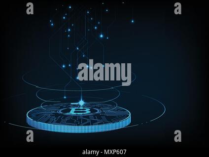 Abstract futuristic digital money with logo bitcoin digital currency on blue circuit board glowing electric lights background.Technology worldwide net Stock Vector