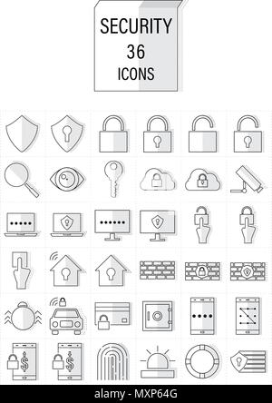 Set of Security,  Mix Flat Icons With Dotted Line Shadow Effect.Editable Stroke Stock Vector