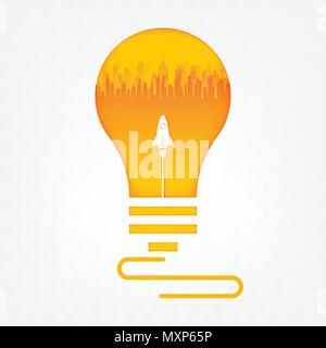 Rocket and city in light bulb. Business start up concept.vector art and illustration. Stock Vector