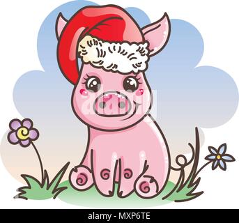 Happy New 2019 Year card with cartoon baby pig. Small vector symbol of holiday in santa hat on a grass. Stock Vector