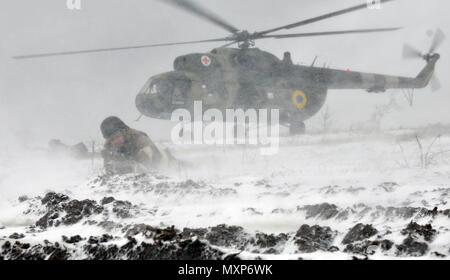 A Ukrainian Soldier assigned to 1st Battalion, 80th Airmobile Brigade lays in the prone position to provide coverage for an air assault mission in conjunction with a situational training exercise led by Soldiers from 6th Squadron, 8th Cavalry Regiment, 2nd Infantry Brigade Combat Team, 3rd Infantry Division, Nov. 28, 2016 at the International Peacekeeping and Security Center. This training is part of their 55-day rotation with the Joint Multinational Training Group-Ukraine. JMTG-U is focused on helping to develop an enduring and sustainable training capacity within Ukraine. (U.S. Army photo by Stock Photo