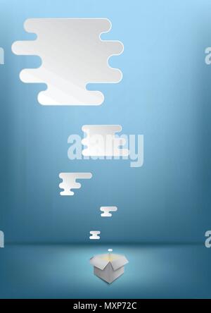Infographic design white thought bubble outside the box on blue backgroung. Stock Vector