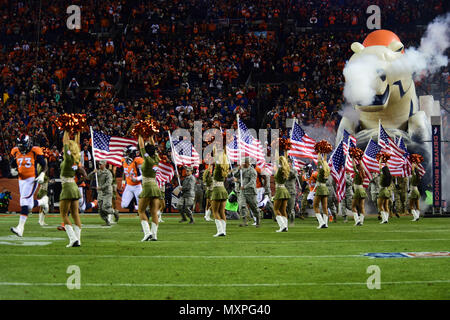 Service members participate in a Denver Broncos Salute to Service pregame ceremony Nov. 27, 2016, at Sports Authority Field at Mile High in Denver. The pregame ceremony allowed service members in the Colorado National Guard to run onto the field before and with the Broncos players. (U.S. Air Force photo by Airman 1st Class Gabrielle Spradling/Released) Stock Photo