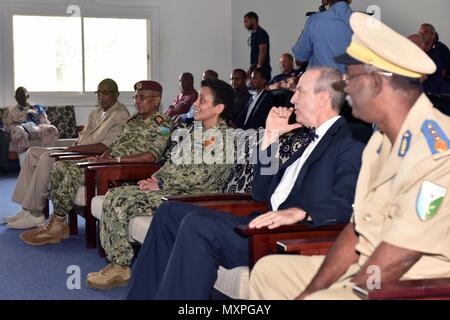 161121-N-XO783-064 DJIBOUTI, Djibouti (Nov. 21, 2016) Commander, U.S. Naval Forces Europe-Africa /Commander, Allied Joint Force Command Naples, Adm. Michelle Howard, center left, and U.S. Ambassador to Djibouti, the Honorable Thomas P. Kelly center right, are briefed by leadership at the Djibouti National Police Academy Nov. 21, 2016. U.S. Naval Forces Europe-Africa, headquartered in Naples, Italy, oversees joint and naval operations, often in concert with allied, joint, and interagency partners, to enable enduring relationships, and increase vigilance and resilience in Europe and Africa. (U.S Stock Photo