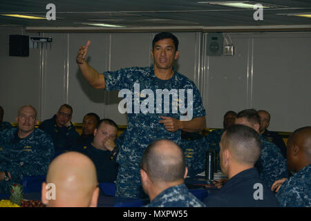 MAYPORT, Fla. (Nov. 30, 2016) – Rear Adm. Patrick A. Piercey, commander, Naval Surface Force Atlantic, speaks to the officers and chief petty officers aboard amphibious assault ship USS Iwo Jima (LHD 7). Iwo Jima recently returned to her homeport after participating in Veterans Week New York City 2016 to honor the service of all our nation's veterans. (U.S. Navy photo by Petty Officer 2nd Class Andrew Murray/Released) Stock Photo