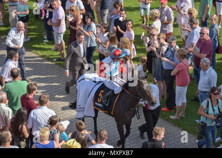 Horse Race Baden-Baden, 2nd June, 2018, Baden Racing of the Spring Event, winner of the Silberne Peitsche Andreas Helfenbein on Millowitsch after race Stock Photo