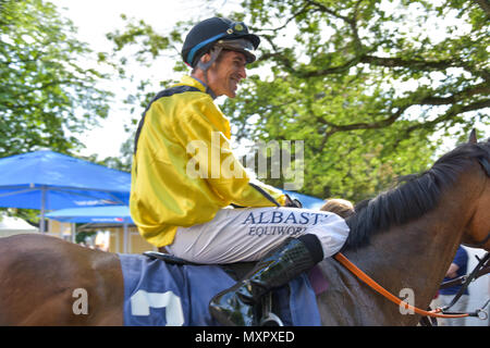 Horse Race Baden-Baden, 2nd June, 2018, Baden Racing of the Spring Event, Andreas Helfenbein on Dorado, winner of the price of the Oldtimer Meeting after the race Stock Photo