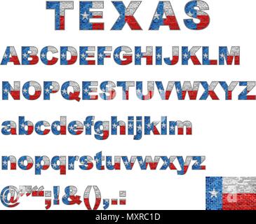 Texas flag font on a brick wall - Illustration, Stylized alphabet with flag of Texas,  Flag Of English Alphabet, Font with the Texas flag Stock Vector