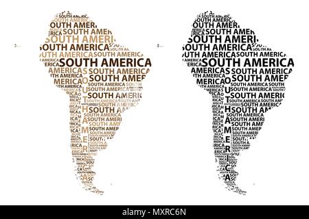 Sketch South America letter text continent, South America word - in the shape of the continent, Map of continent South America - black and brown vecto Stock Vector