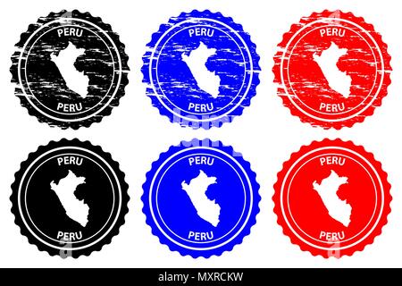 Peru - rubber stamp - vector, Republic of Peru map pattern - sticker - black, blue and red Stock Vector