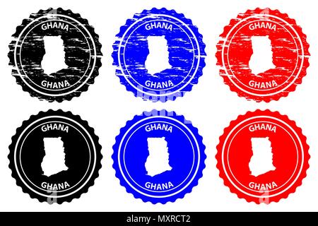 Ghana - rubber stamp - vector, Republic of Ghana map pattern - sticker - black, blue and red Stock Vector