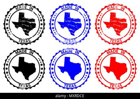 Made in Texas- rubber stamp - vector, Texas (United States of America) map pattern - black, blue and red Stock Vector