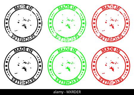 Made in Seychelles - rubber stamp - vector, Seychelles map pattern - black, green and red Stock Vector