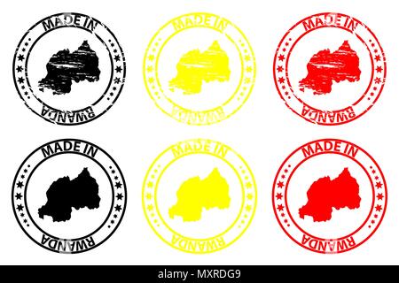 Made in Rwanda - rubber stamp - vector, Rwanda map pattern - black, yellow and red Stock Vector