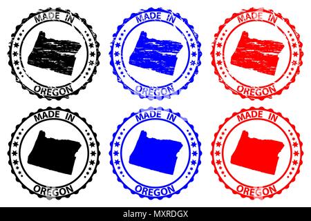 Made in Oregon - rubber stamp - vector, Oregon (United States of America) map pattern - black, blue  and red Stock Vector