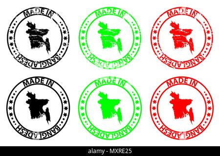 Made in Bangladesh - rubber stamp - vector,  People's Republic of Bangladesh map pattern - black, green and red Stock Vector