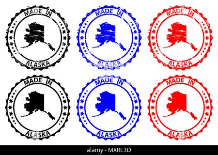 Made in Alaska - rubber stamp - vector, Alaska (United States of America) map pattern - black, blue and red Stock Vector