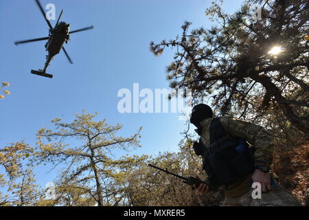 WESTHAMPTON BEACH, NY - Senior Airman Alexander Traini, a Survival, Evasion, Resistance and Escape (SERE) Specialist with the 106th Rescue Wing conducts a personnel recovery training mission  at F.S. Gabreski Air National Guard Base on December 4th, 2016.    During the training mission, nn HH-60 Pavehawk with the 101st Rescue Squadron and Pararescue Jumpers with the 103rd Rescue Squadron searched for Triani, who portrated a downed F-16 Pilot.    (US Air National Guard / Staff Sergeant Christopher S. Muncy / released) Stock Photo